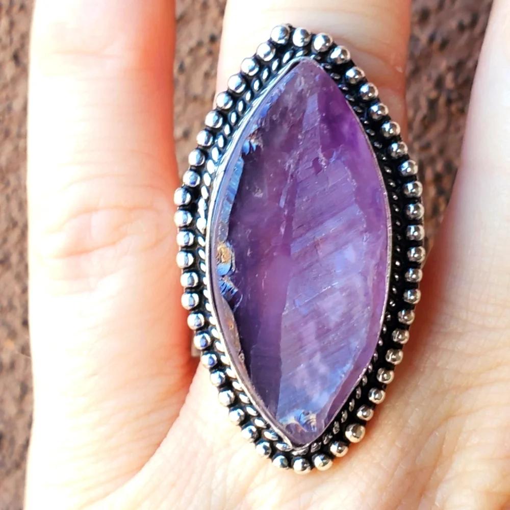 New Huge Rough Amethyst 925 Silver Statement Ring.